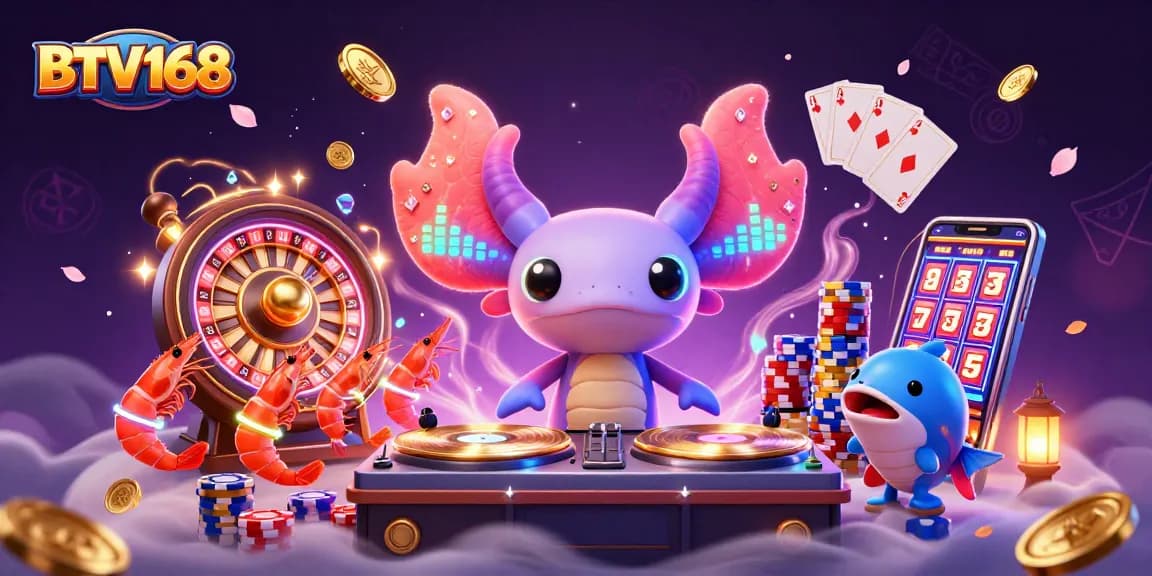 Experience the vibrant world of BTV168 in this casino-themed 3D illustration filled with gold coins and neon characters.