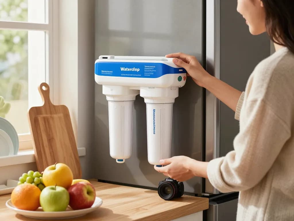 Installing Waterdrop Maxblue EDR3RXD1 Replacement for 4396841 filter in a modern kitchen, showcasing fresh ingredients and a bright atmosphere.