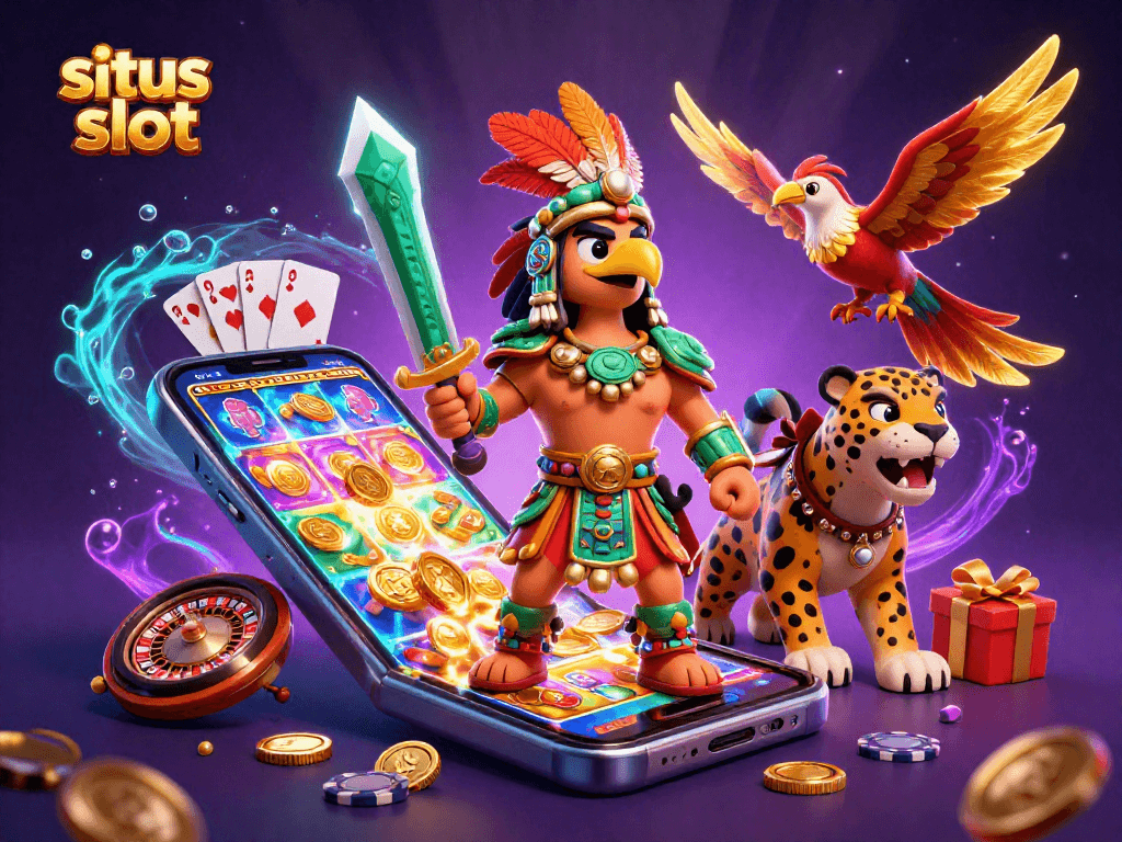 Slot penuh semangat menampilkan situs slot dengan karakter pejuang Aztec dan elemen permainan lainnya.