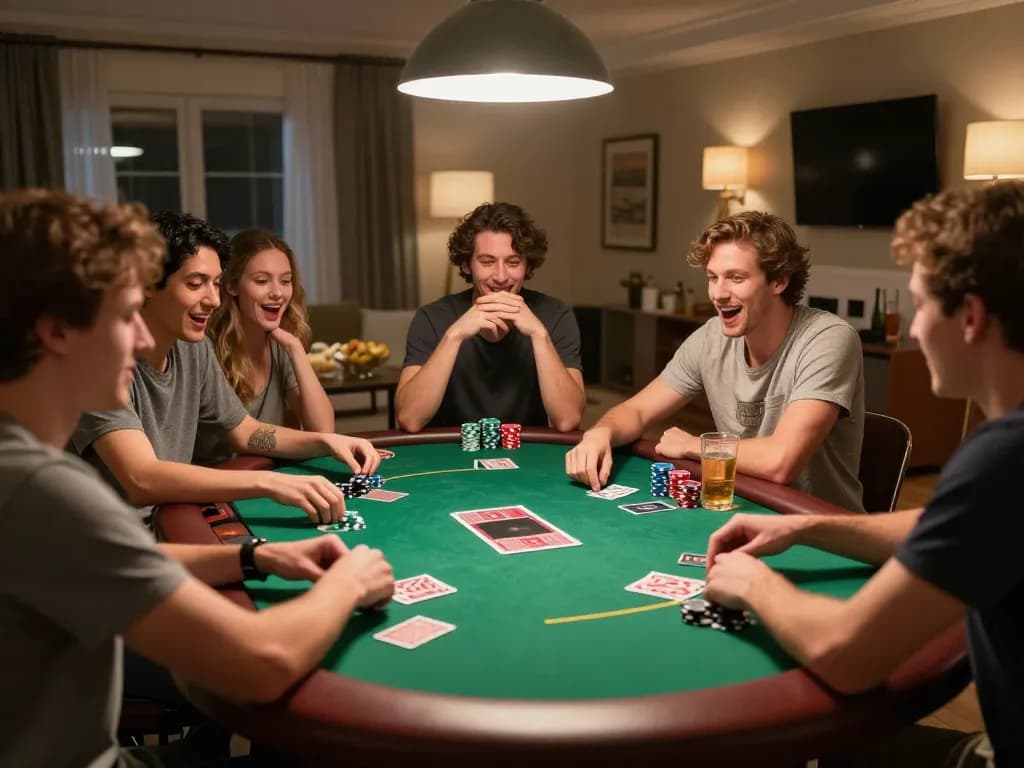 Sahabat menikmati malam poker yang meriah di rumah, menunjukkan pengalaman permainan 100cuci VIP dengan penuh semangat.