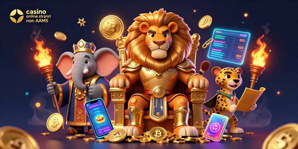 Scopri l'emozione dei casino online stranieri non AAMS con una scena vibrante che presenta un re leone, un elefante consigliere e un ghepardo messaggero.