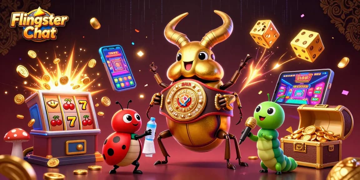 Engage in Flingster Chat as the giant stag beetle celebrates a jackpot with festive characters and casino elements.