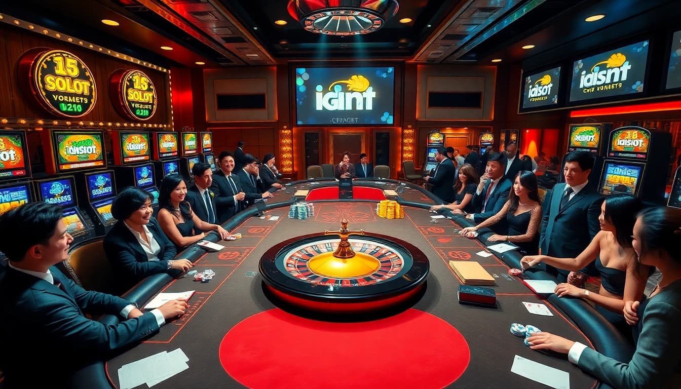 Players enjoying idnslot games at a luxurious casino table surrounded by vibrant slot machines and roulette.