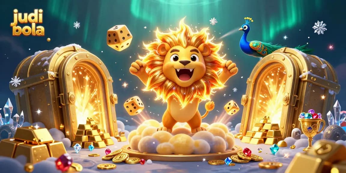 Engage in judi bola excitement with a golden lion, dazzling gems, and stellar dice artfully illustrated.