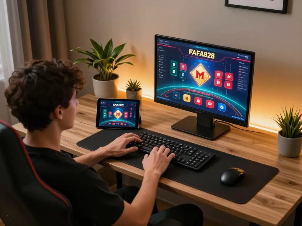 Player engaging with FAFA828 online gaming platform in a comfortable home setup