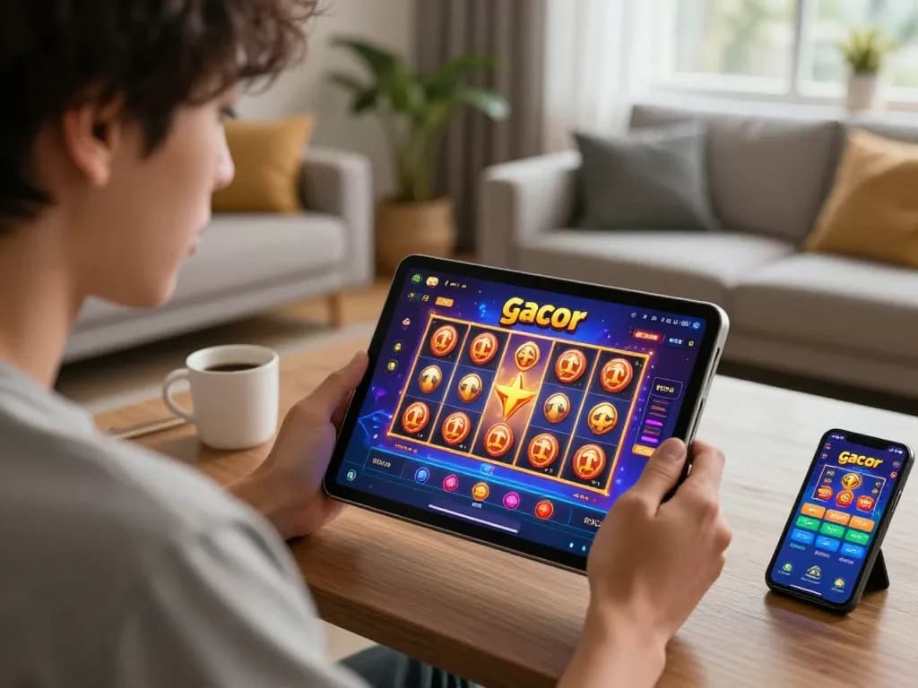Engaging in slot gacor gameplay on tablet at home, showcasing strategic betting.