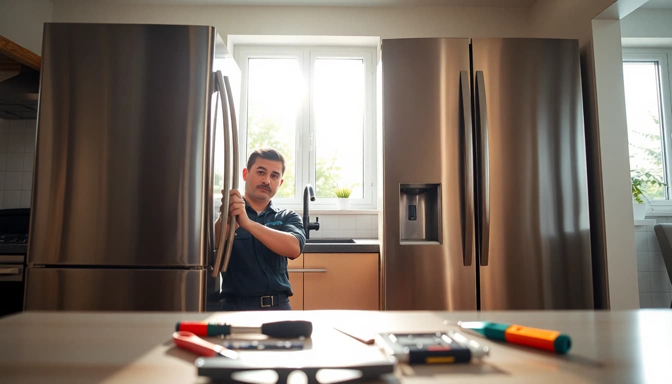 Technician handling refrigerator repair in Ottawa, highlighting experienced service and modern tools.