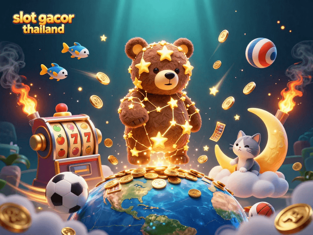 Experience winning excitement with slot gacor thailand in this vibrant 3D casino scene filled with lucky symbols and characters.