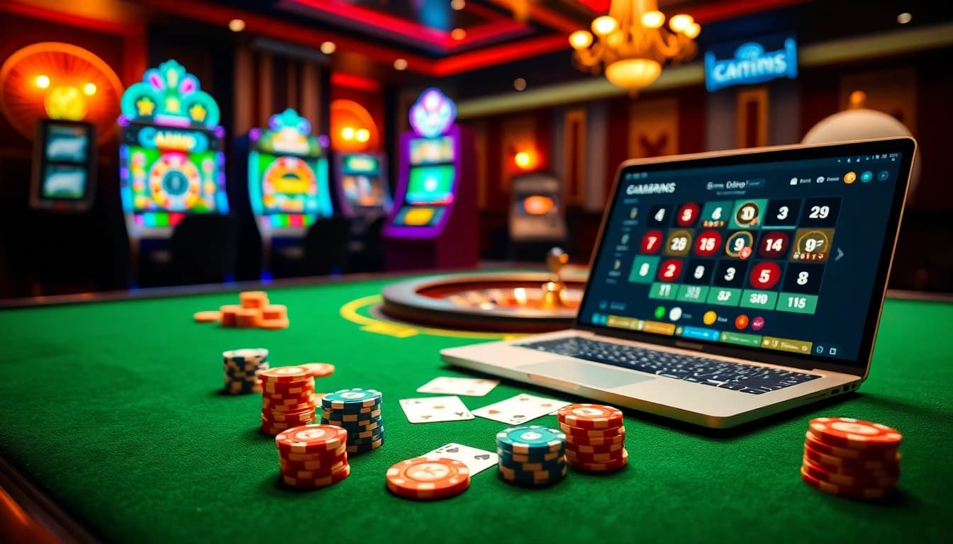 Vivez l'excitation des casinos en ligne avec des jetons de poker et une roulette dans un cadre luxueux.