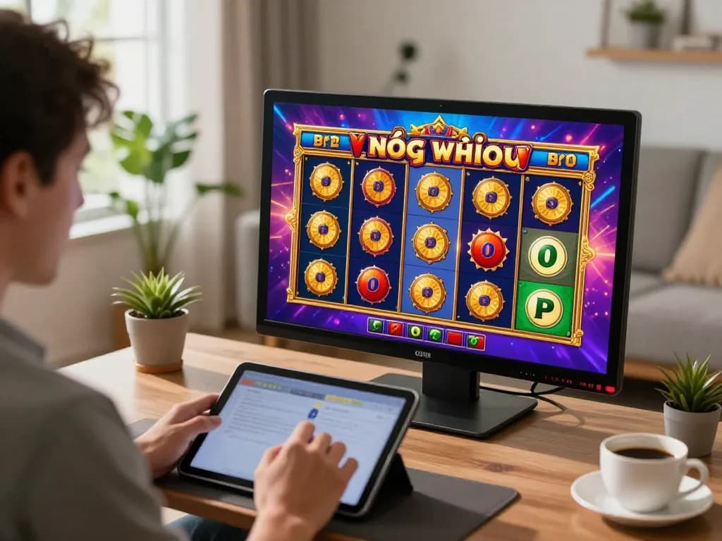 Play nổ hũ on a tablet at home, enjoying colorful slot game experience.