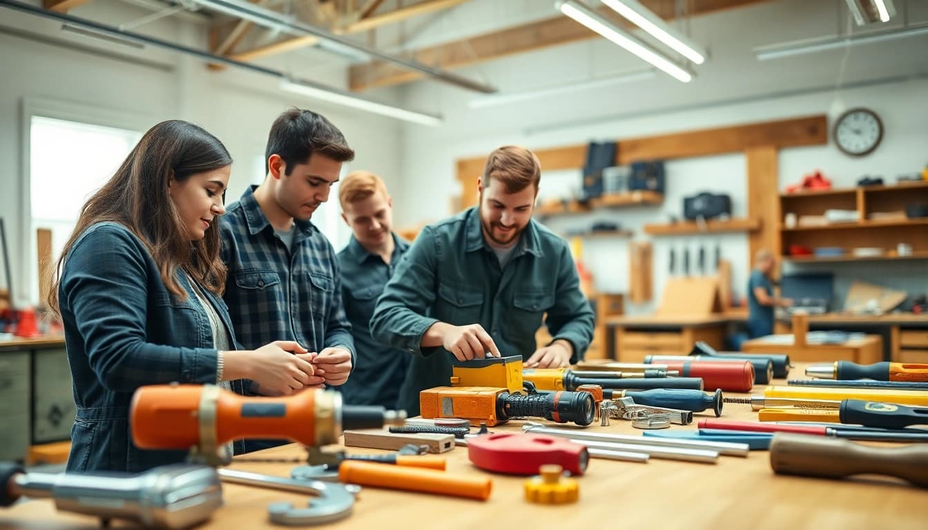 Students in a Trade School knoxville Tn class, collaborating with tools in a bright workshop.