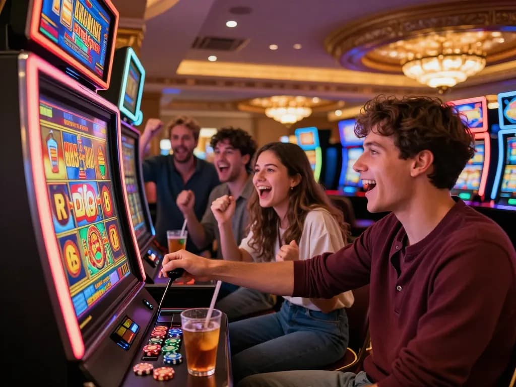 Excited players enjoying link slot games in vibrant casino atmosphere