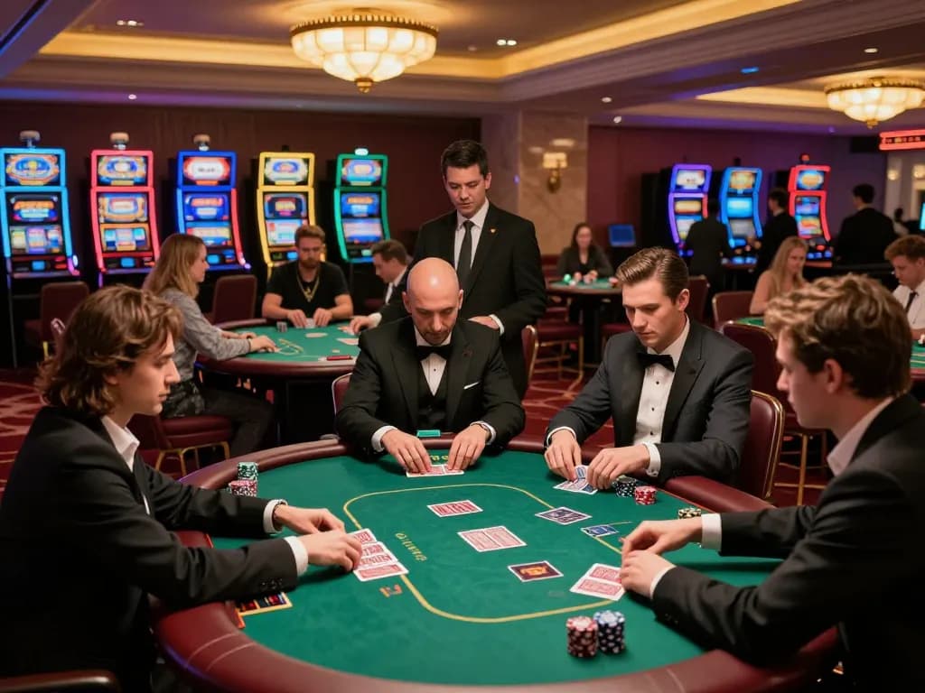 Engaging players in a thrilling nsfw game at upscale casino poker tables with vibrant atmosphere.