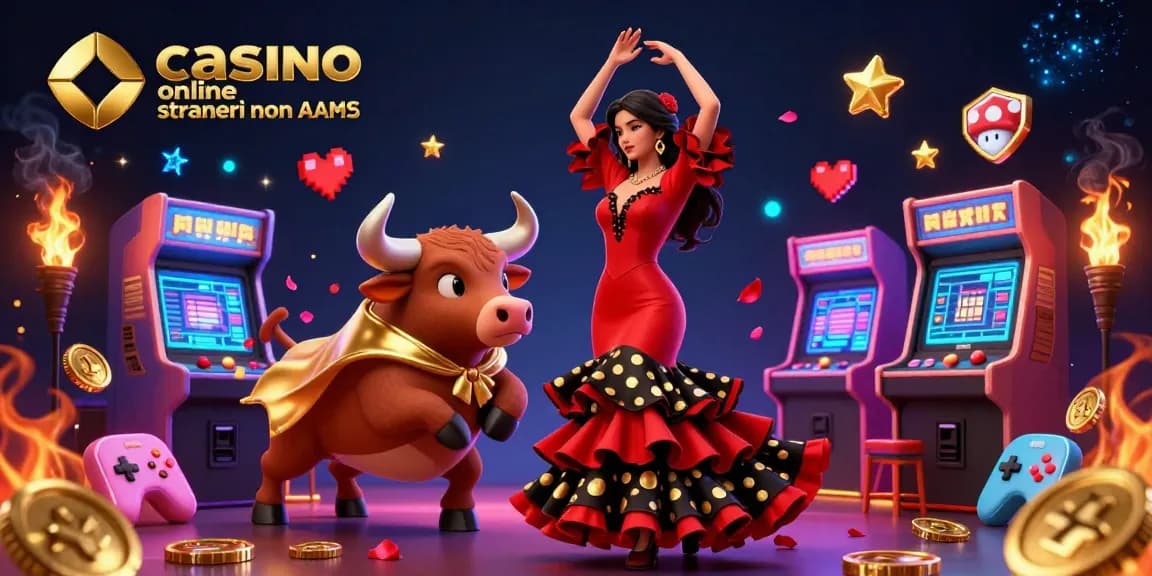 Cogli l'emozione dei casino online stranieri non AAMS con un'illustrazione 3D vibrante che presenta elementi di gioco e una ballerina di flamenco.