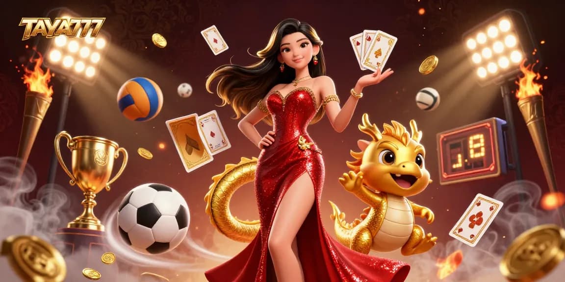 TAYA777 offers thrilling online casino action with a confident woman and golden dragon mascot.