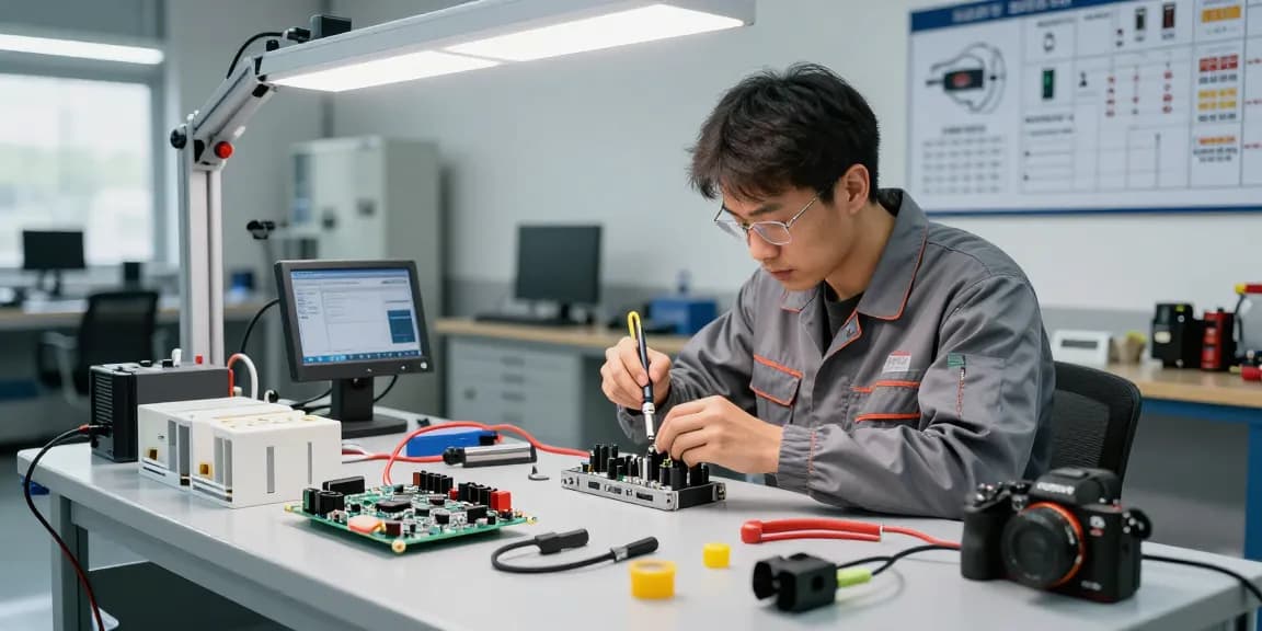 Technician assembling heavy duty waterproof electrical connectors in a bright automotive workspace.