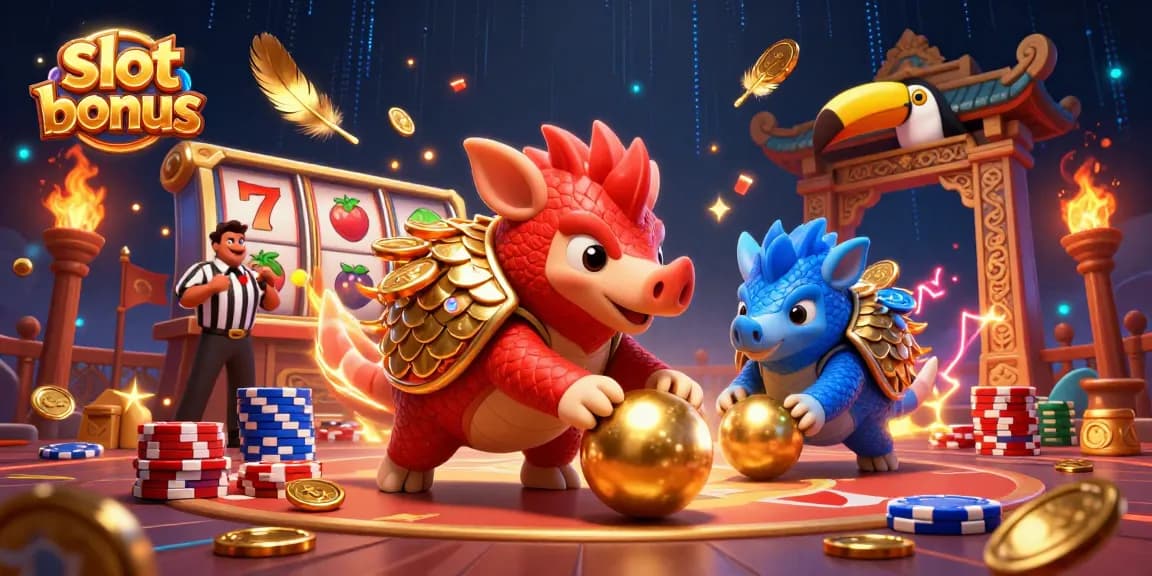Spin the reels with slot bonus excitement in this vibrant casino illustration of rival pangolins.