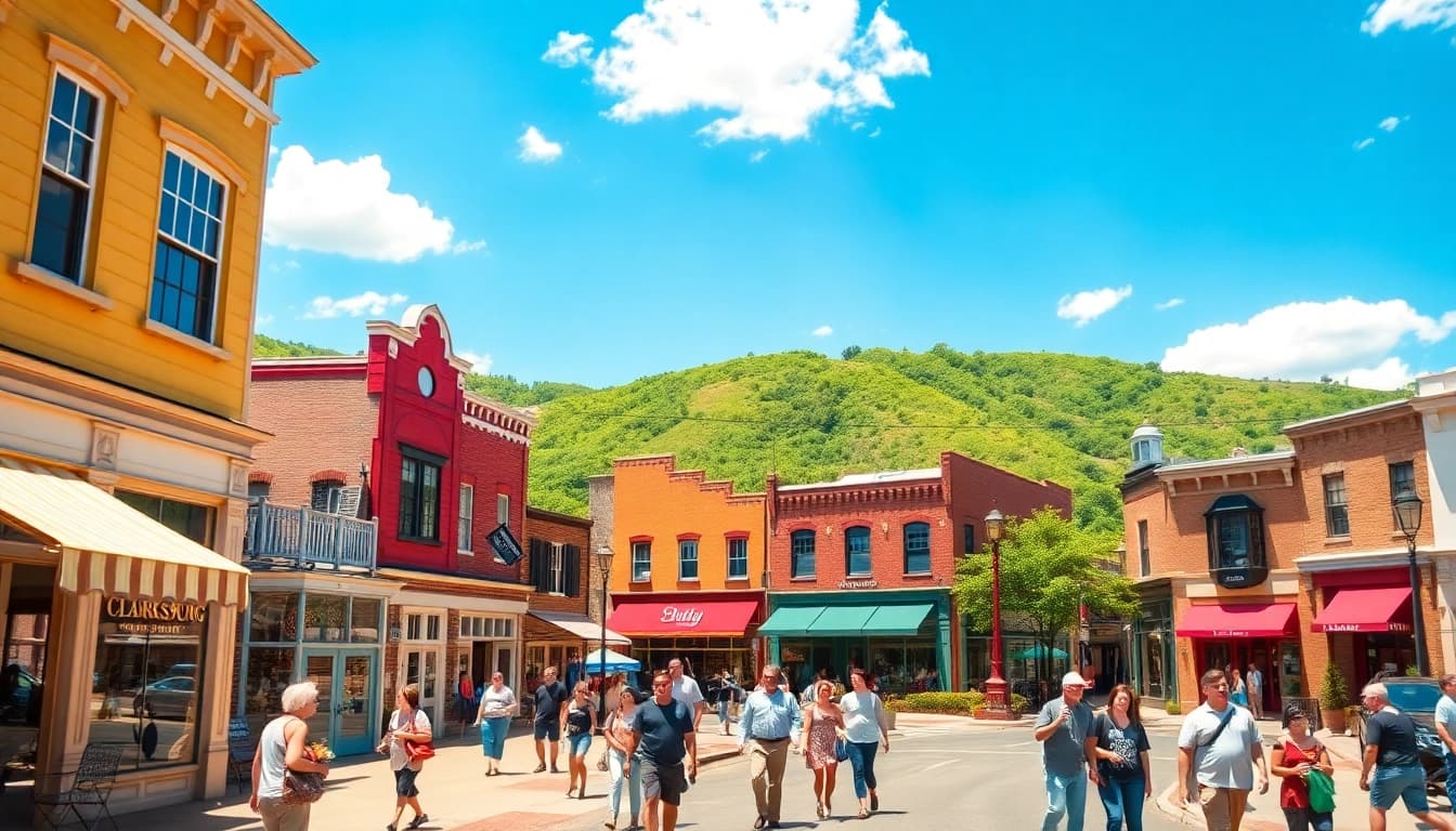 Experience the vibrant atmosphere of Clarksburg's historic downtown filled with activity.