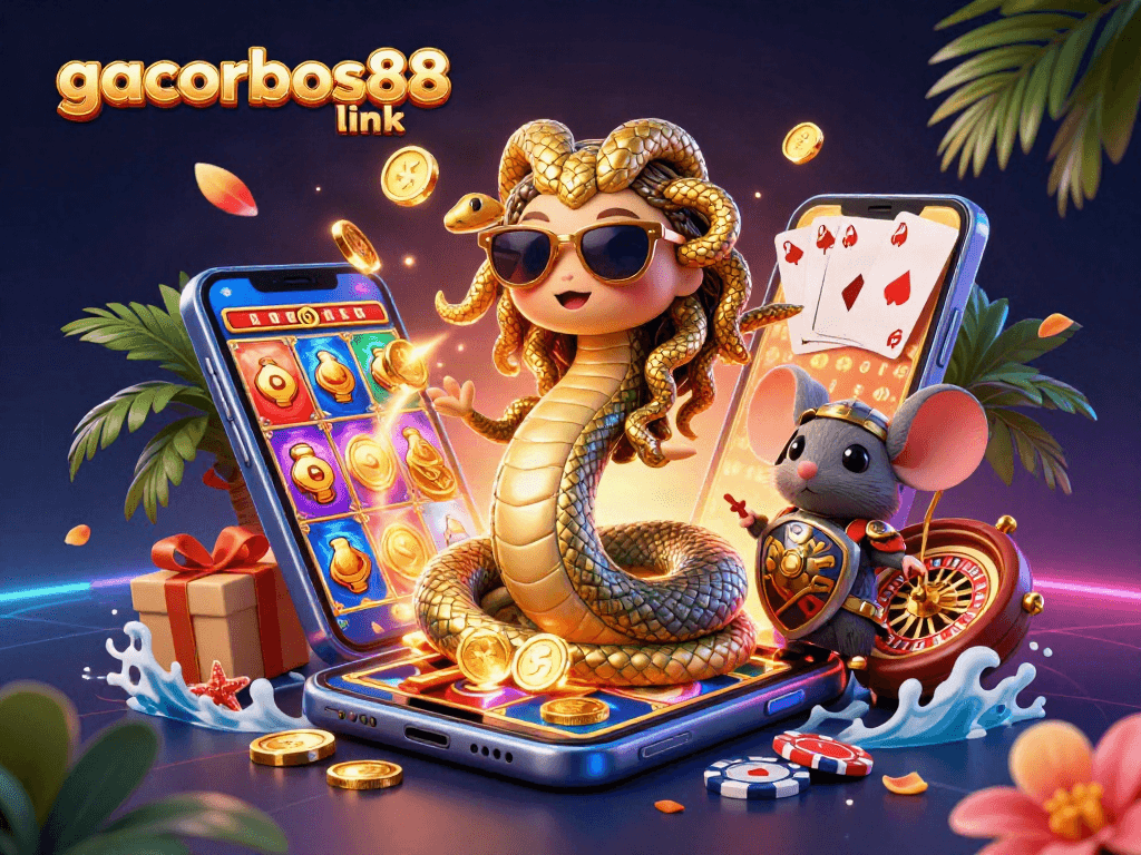 Experience the thrill with gacorbos88 link in this vibrant casino-themed illustration.