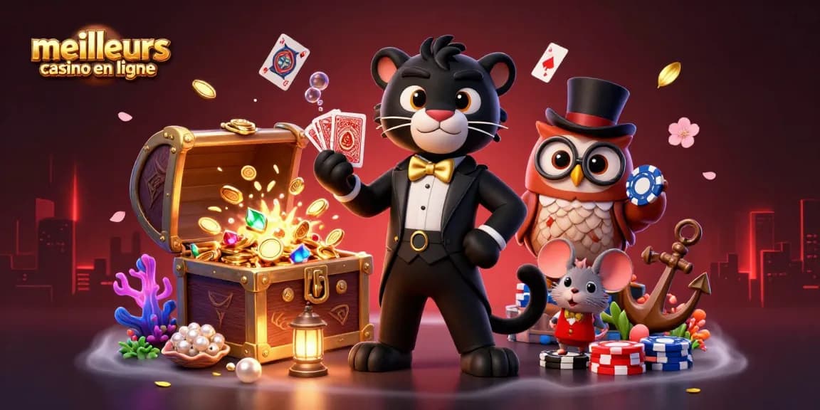 Découvrez l'excitation des meilleurs casinos en ligne avec une panthère élégante, une chouette et une souris porte-bonheur.