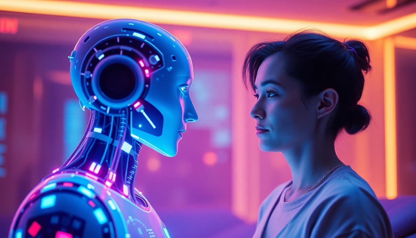 AI sex innovations depicted in a futuristic intimate setting with a humanoid hologram and user interaction.