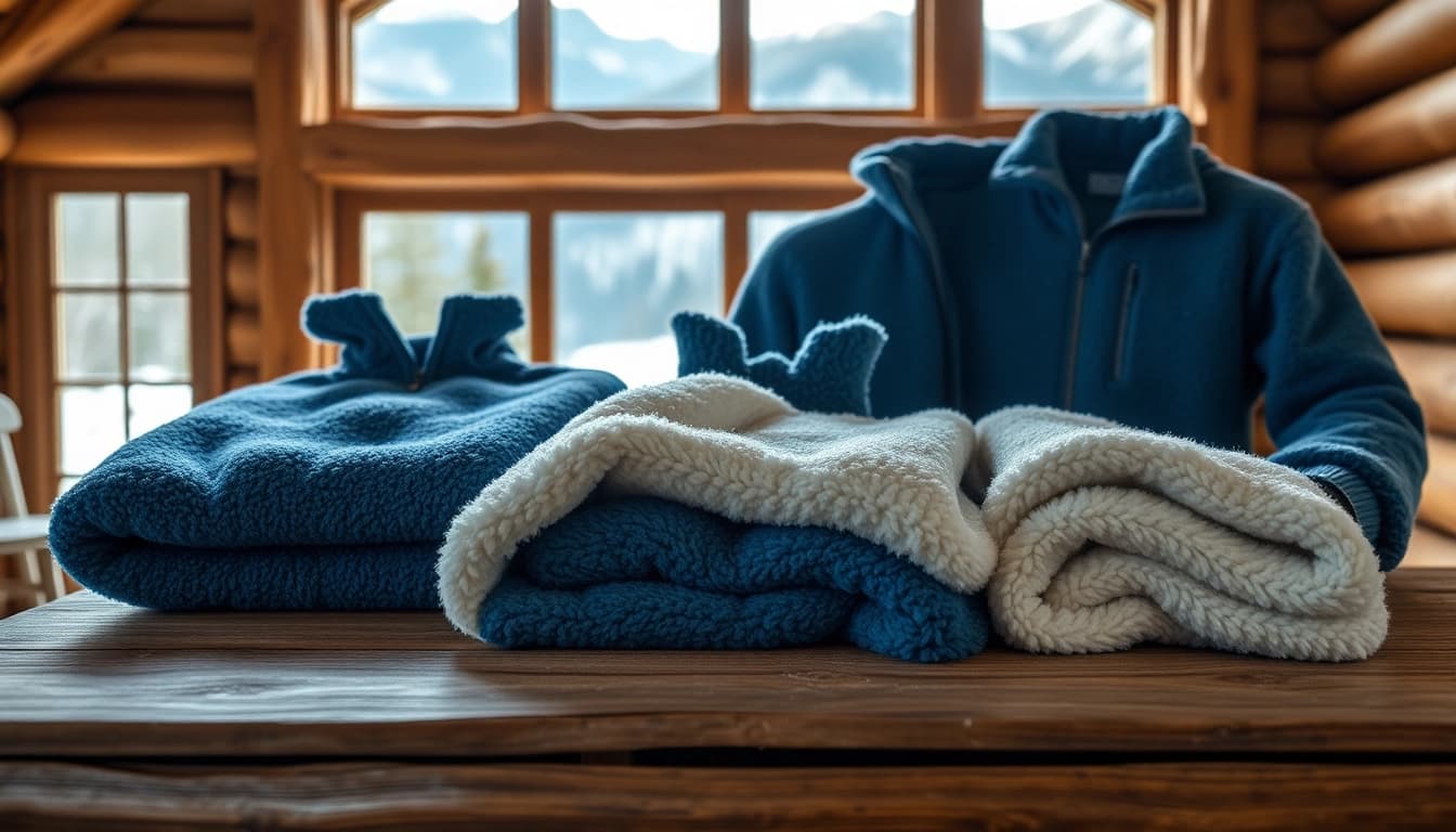 Bekijk fleece jassen in een gezellige cabine met een uitzicht op sneeuwvelden.