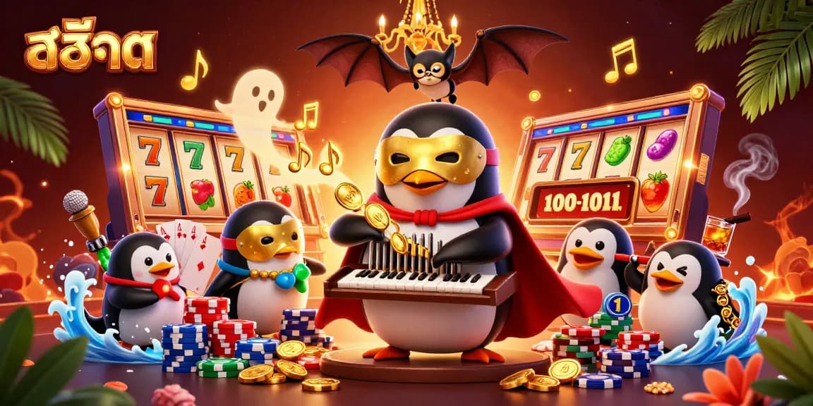 Engage in thrilling สล็อต games with a 3D penguin and acrobat in an exciting casino scene.