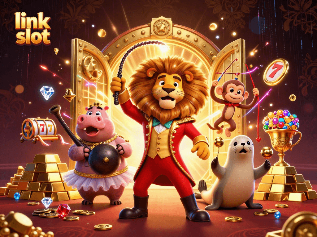 Experience the excitement of link slot games with a vibrant illustration featuring a circus-themed casino scene.