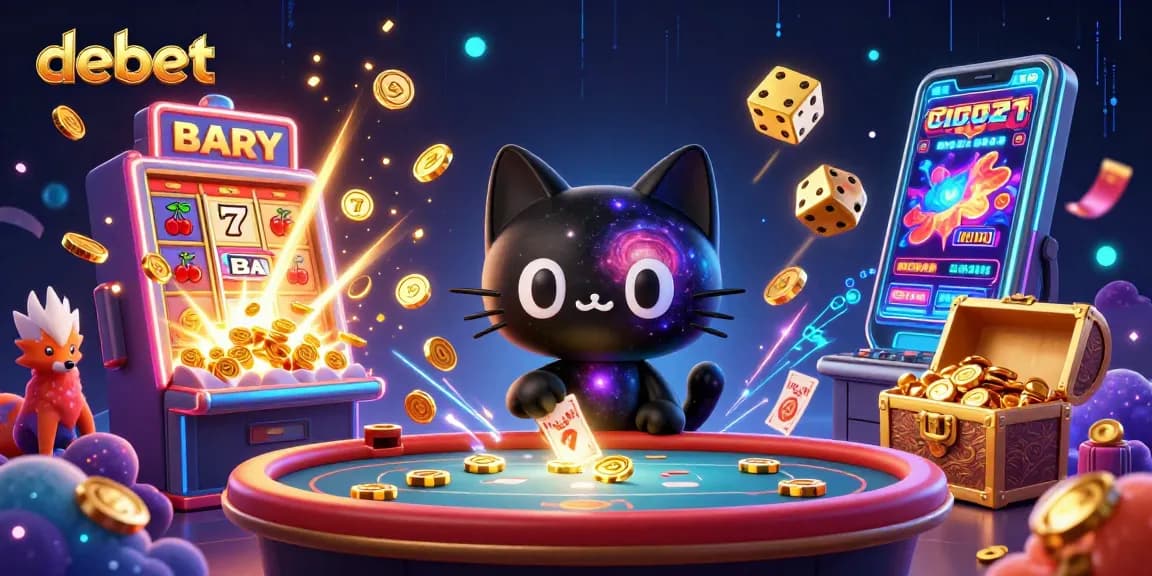 Experience winning moments at debet with a vibrant casino-themed cosmic scene featuring engaging characters and elements.