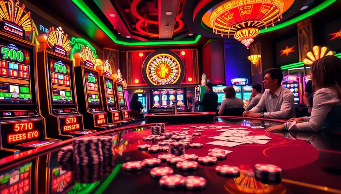 Para pemain menikmati slot deposit pulsa tanpa potongan dengan mesin slot yang berwarna-warni di lingkungan kasino mewah.