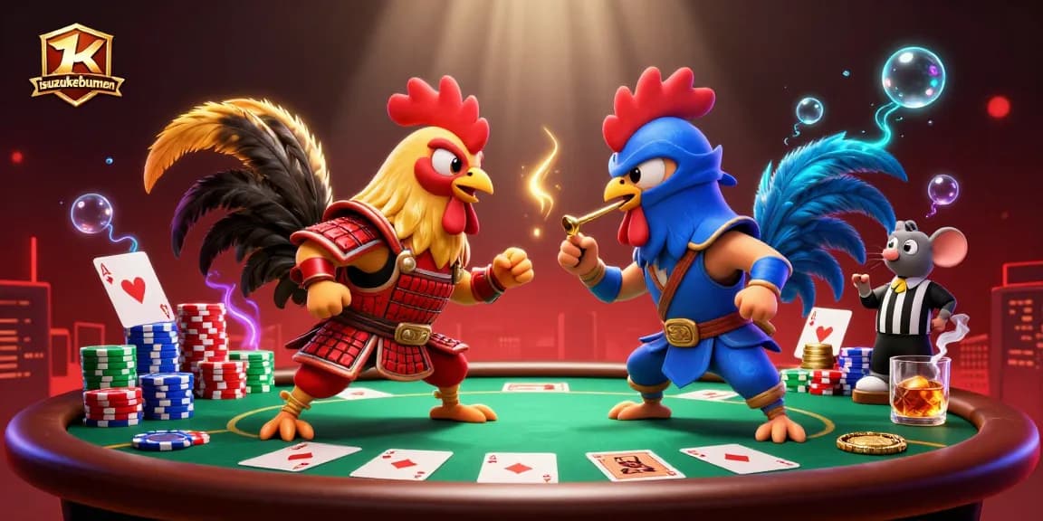 Experience the thrill of gambling with isuzukebumen's dynamic rooster showdown at a vibrant poker table.