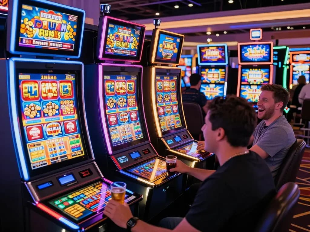 Suasana judi yang menarik dengan pemain yang terlibat dalam mesin slot link, atmosfer kasino yang hidup.