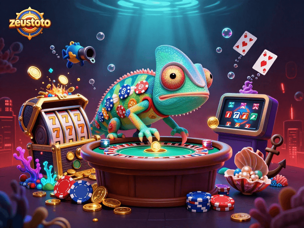 Engage with zeustoto's thrilling slots experience featuring colorful chameleon and dynamic casino scene.