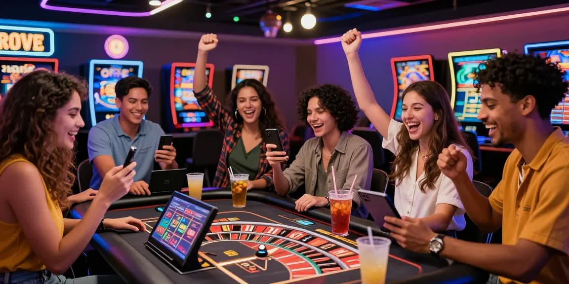 Scène excitante mettant en vedette des amis profitant de l'expérience des meilleurs casinos en ligne avec des tablettes à une table de roulette numérique.