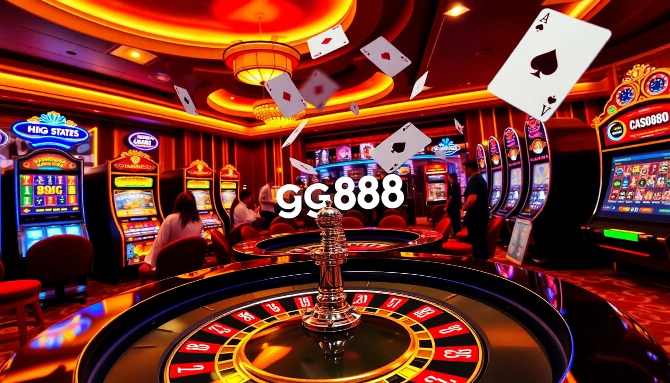 Excited players at gg88's vibrant casino scene with roulette, slots, and poker action.