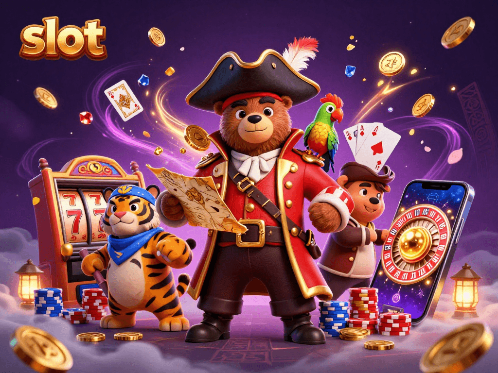 Spin the slot reels with a pirate captain bear and his fierce first mate in this vibrant casino illustration.