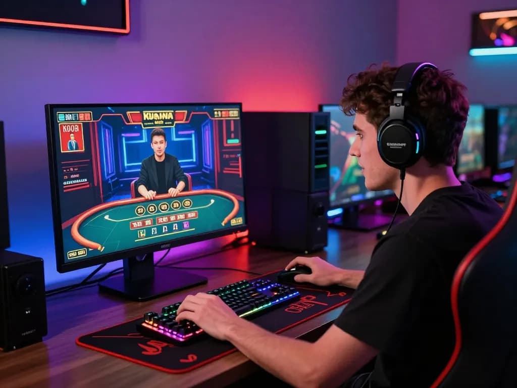 Exciting online baccarat gaming experience showing a player engaged in a live game on a high-resolution monitor, reflecting the immersive world of 바카라사이트.
