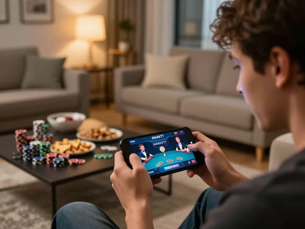 Player enjoying alexis77 gaming app on mobile, focused on live dealer show with poker chips visible.