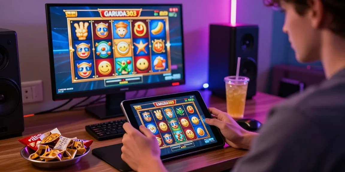 Engaged player using garuda303 login on tablet in a colorful gaming setup with vibrant lights.