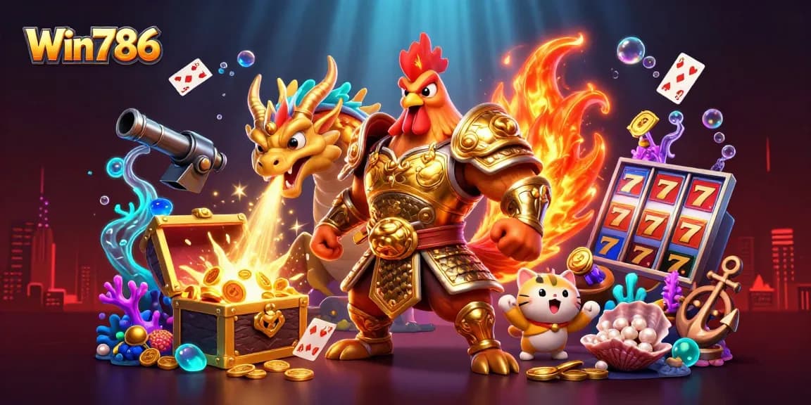 Win786 platform features powerful characters and rich casino elements in a vibrant 3D illustration, showcasing excitement.
