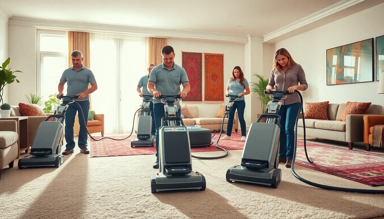 Carpet cleaning business team expertly cleaning carpets in a bright modern living room.