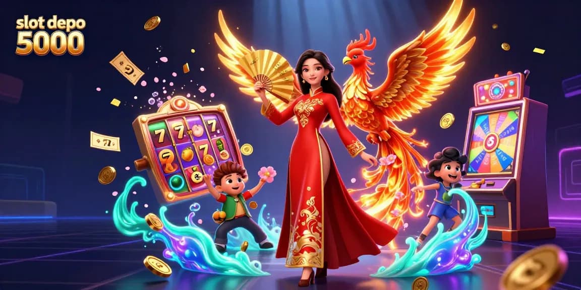 Play exciting slot depo 5000 games with a beautiful woman and phoenix amidst vibrant casino elements.