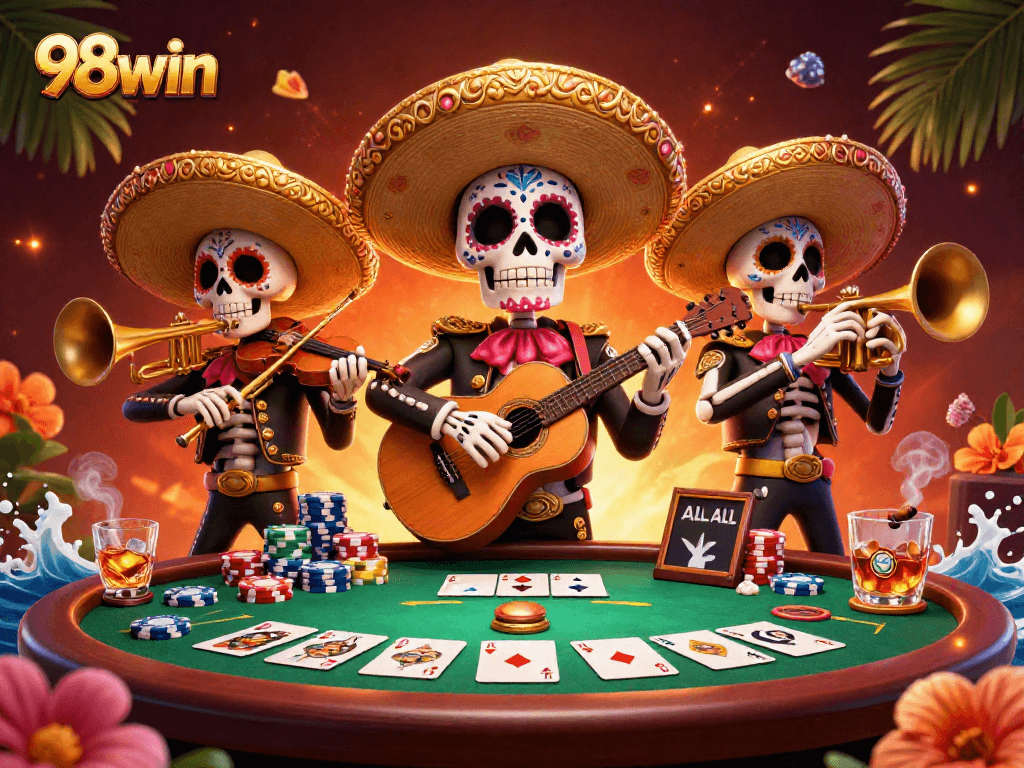 Experience the vibrant 98win casino atmosphere with a colorful mariachi band and poker elements.