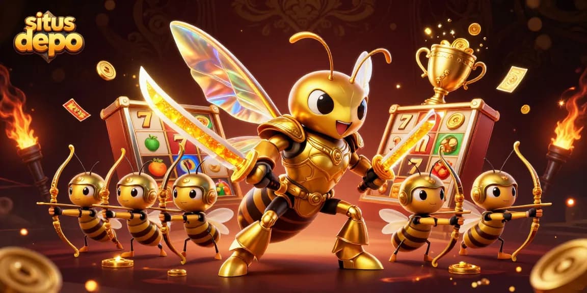 Situs depo 5000 mempersembahkan ilustrasi slot online yang menarik dengan simbol keberuntungan dan kemenangan.