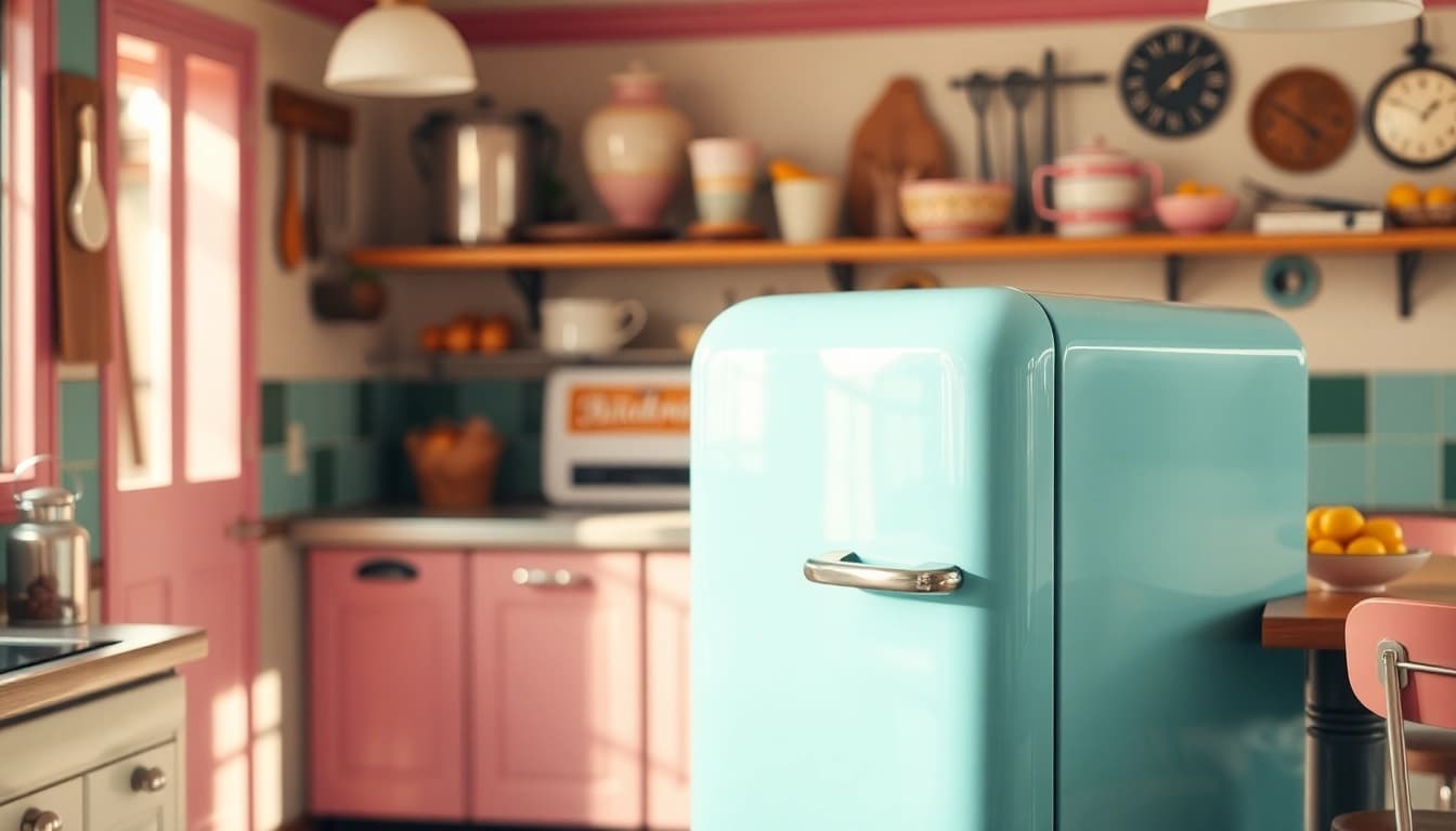 Catch a glimpse of a retro appliance with a nostalgic design in a bright vintage kitchen setup.