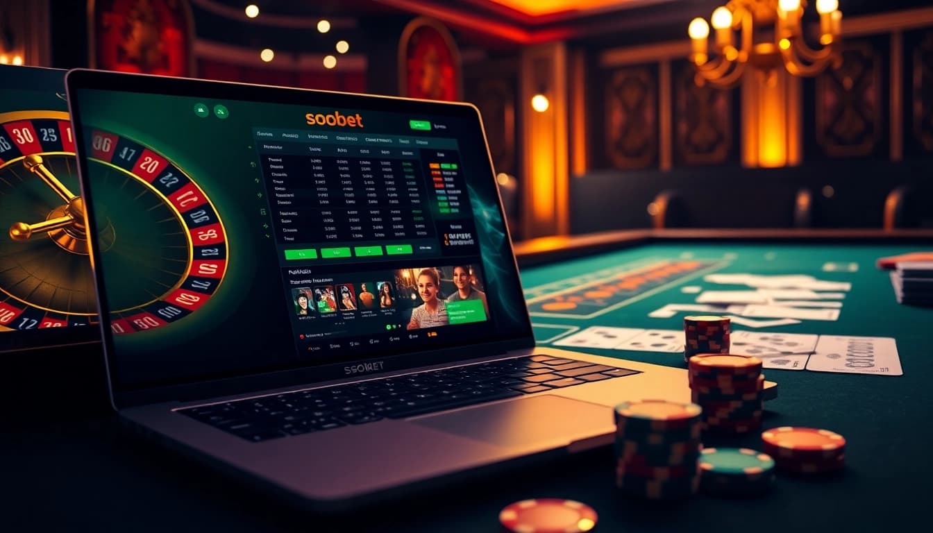 Sbobet online betting interface with casino chips and roulette, evoking excitement in gambling.