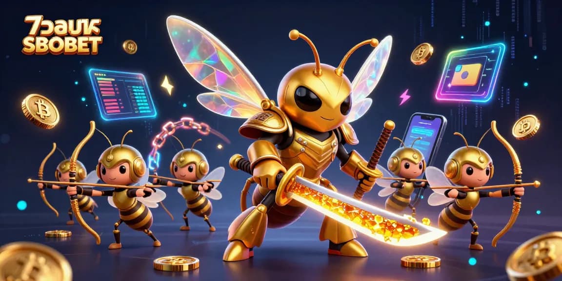 Engage in แทงบอล SBOBET with a vibrant illustration of a golden hornet warrior and bee archers amid dynamic crypto elements.