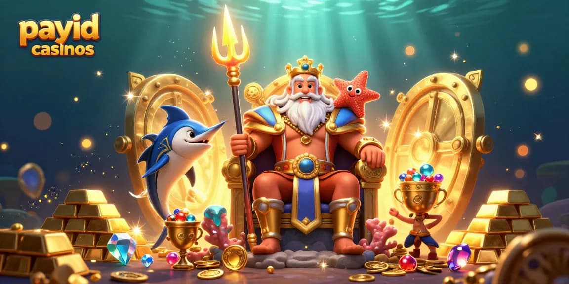 Engage with payid casinos through a vibrant underwater scene showcasing Neptune, a swordfish samurai, and treasure.