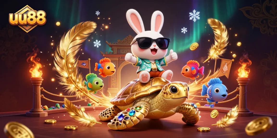 uu88 rabbits celebrate their wins in a vibrant online casino environment with gold coins and colorful fish