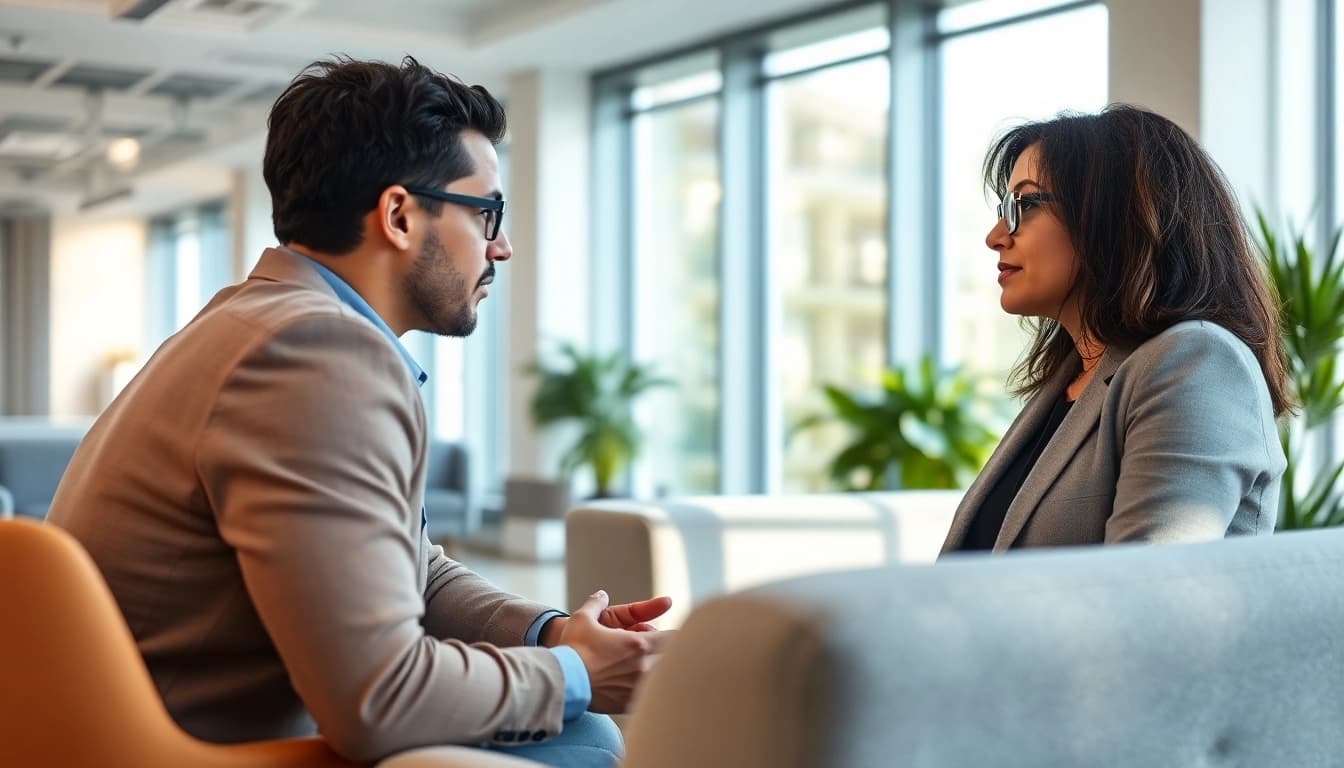 Engaged job seeker receiving interview preparation near me from a personal coach in a bright office.